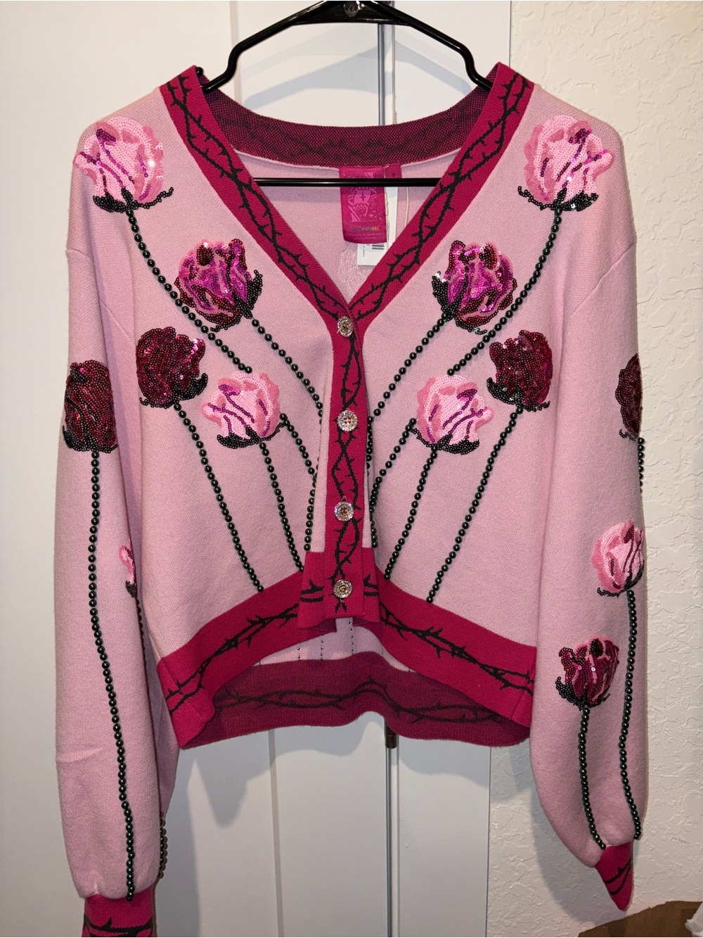 QUEEN OF SPARKLES Pink Floral Embroidered Cardigan with Fuchsia Trim